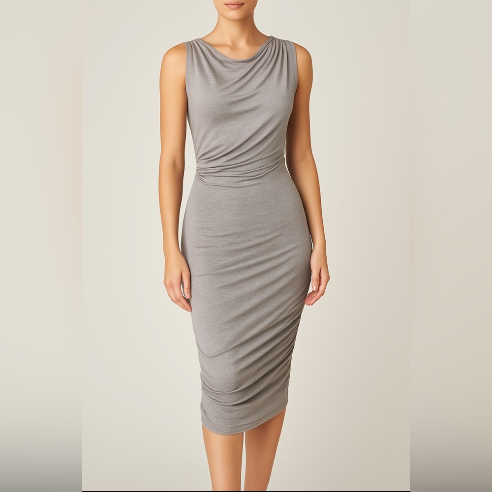 Alice + Olivia “Air” Draped Mesh Bodycon Midi Dress Size Small Gray Silver
